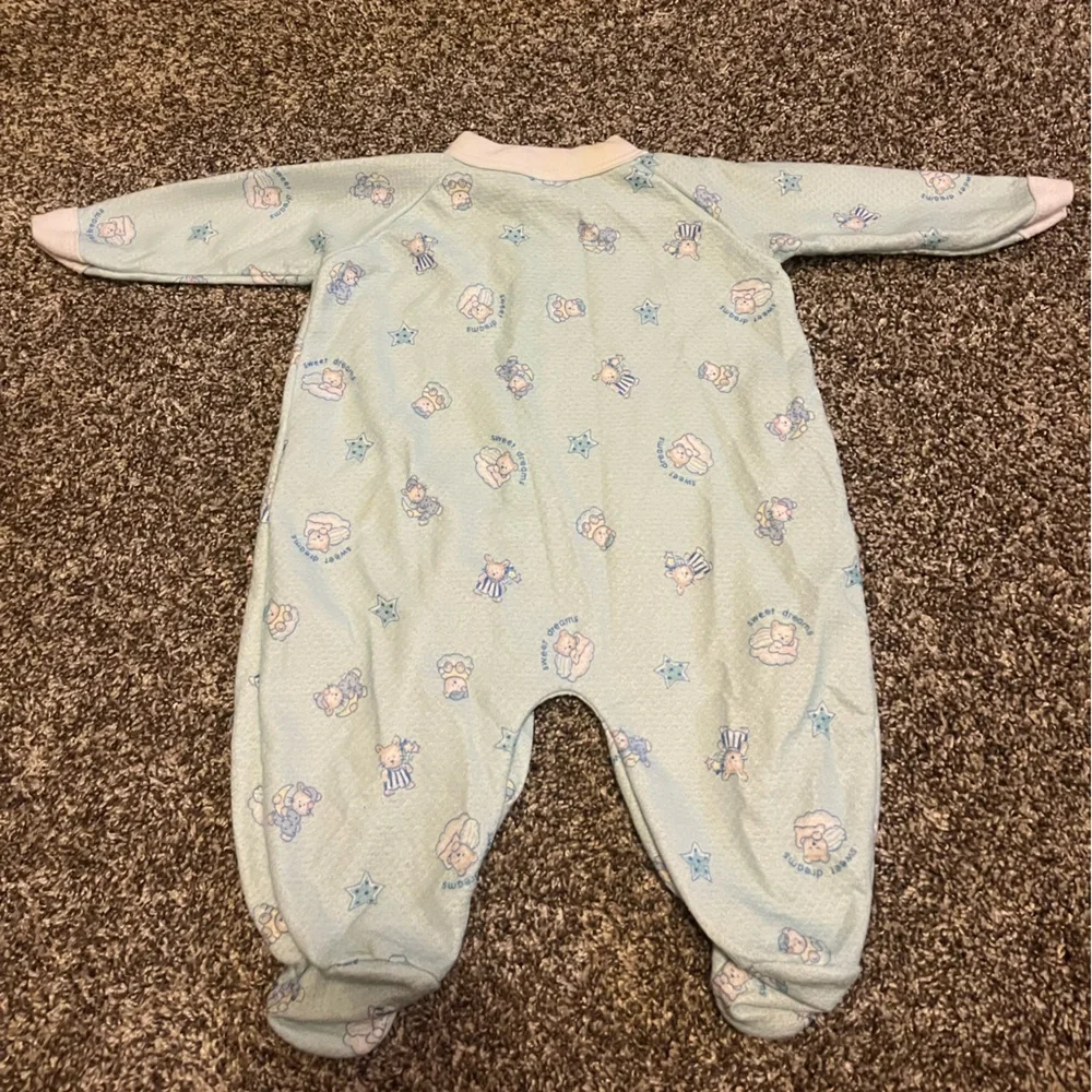 Vintage Babygro Pajamas Sleeper Blue Teddy Bear Lightweight‎ Medium USA Made